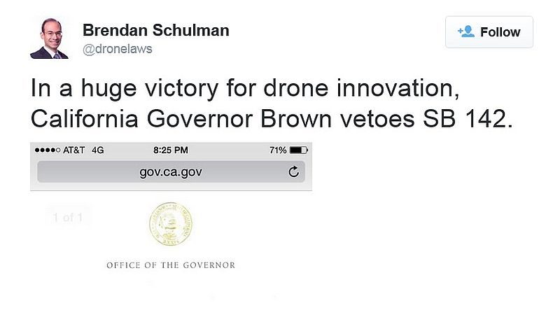 Brendan Schulman 在其 Twitter 帳上大聲疾呼，這是「無人機創新的重大勝利」