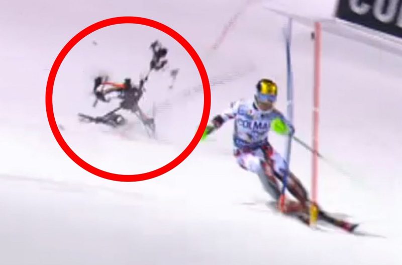 航拍機恰好墜落於滑雪選手 Marcel Hirscher 的身後。