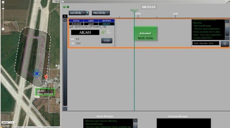 NASA 低空交通管理系統的軟件介面，左方地圖上的虛線位置，標示著無人機限飛範圍。