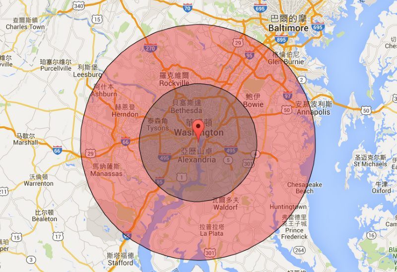 華盛頓哥倫比亞特區周邊的飛行禁區：灰色內圈為機場方圓 15 哩，紅色外圈為方圓 30 哩。