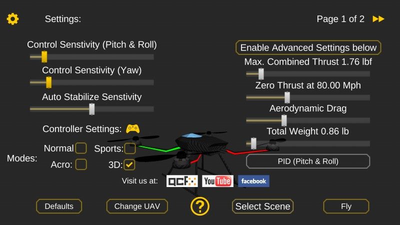 《Quadcopter FX Simulator》設定選項豐富，操控面板、敏銳度、風速設定、視覺都可供調校。