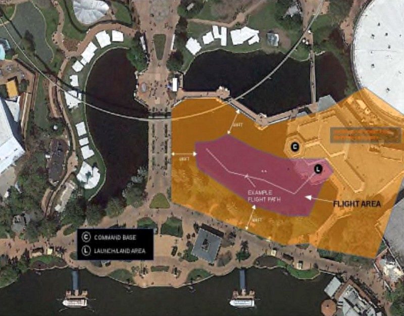 根據早前網上流出的迪士尼樂園分區圖，迪士尼未來世界（Disney Epcot）內將設立無人機飛行區（圖中紅色部分）。