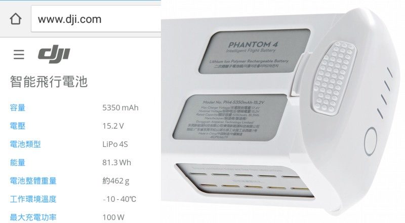 DJI Phantom 4 電池能量為 81.3 瓦時