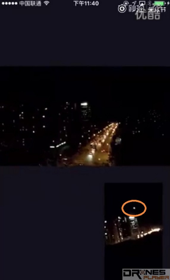 網上流傳疑似是小米無人機直播期間墜機短片的截圖：上方畫面是小米無人機的航拍畫面，下方畫面則是旁邊有人利用手機拍攝在空中飛行的小米無人機，可見畫面中懷疑是小米無人機的光點（橘色圈）突然由高空急速墜落。