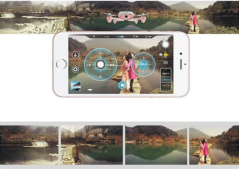 Kimon 可藉由飛行器 360 度自轉空拍，再經特製手機 app 合成輸出為 360 度全景圖。