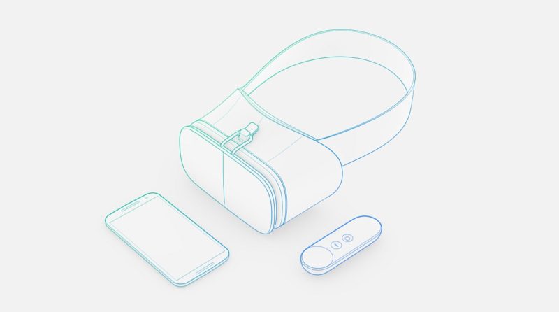 Google 展示了 Google VR 眼鏡及 VR 控制器的概念圖，使用方式是戴上 VR 眼鏡後，可透過控制器操作手機畫面和選項。