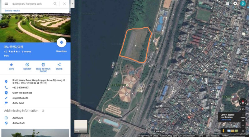 無人機公園（橙圈）佔地廣闊，但每次只容許放飛 30 架無人機。（取自 Google Maps）