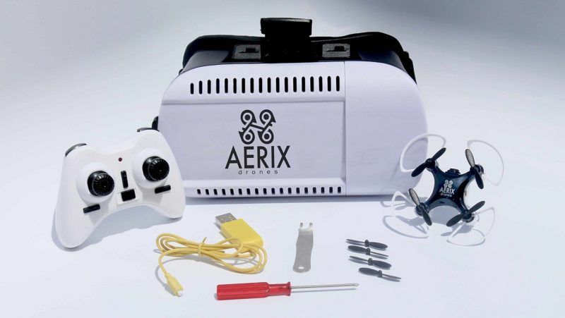 Aerix VIDIUS VR 套裝內含空拍飛行器、遙控器、VR 眼鏡、後備旋翼、USB 充電線等。