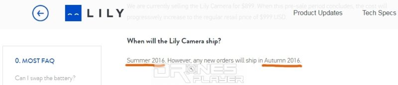 不過，Lily Camera 官網上的問答頁面還未更新，仍然寫著新訂單的付運日期是「2016 年秋季」。（翻攝自 Lily Camera 官網）