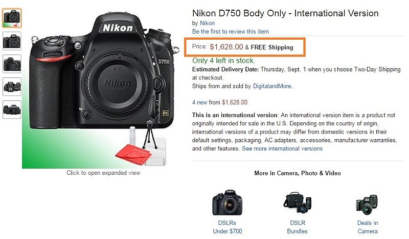 在亞馬遜上有網店將 Nikon D750 的售價調降至 1,628 美元 （約 13,000 港元 / 52,000 台幣）。
