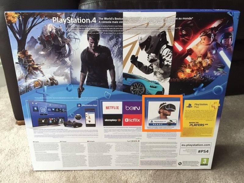 疑似是 PS4 Slim包裝盒的背面標明主機是「PlayStation VR Ready」。