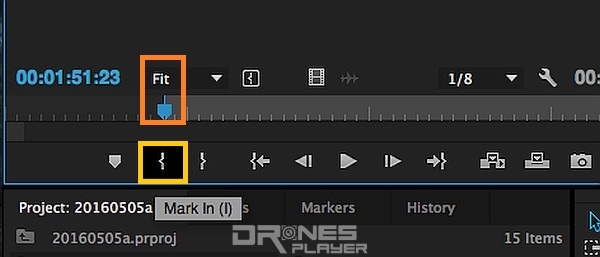 Step 07. 把藍色的指針拖拉至心目中的影片開始時間，然後按下「{ 」（Mark In）按鈕，代表 Mark In 時間前的影片都不要了。