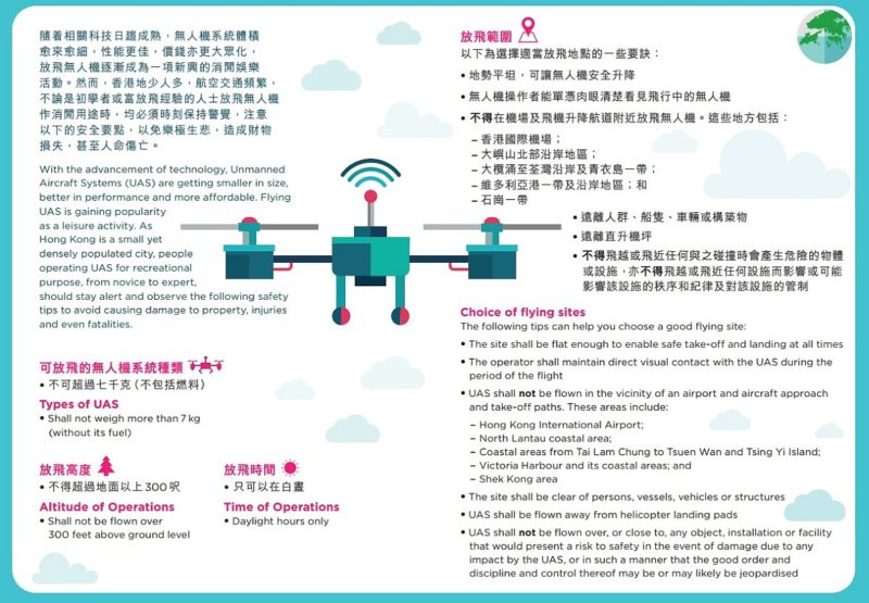 《無人駕駛飛機系統操作安全 你要知》的宣傳單張已可在香港民航處網站下載。
