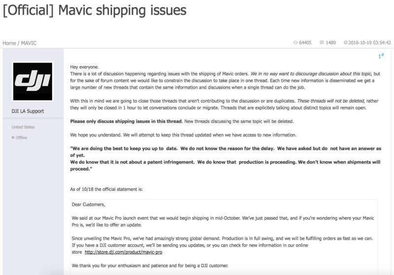 DJI Forum 留下官方帖子發布 Mavic Pro 延遲出貨的最新消息。