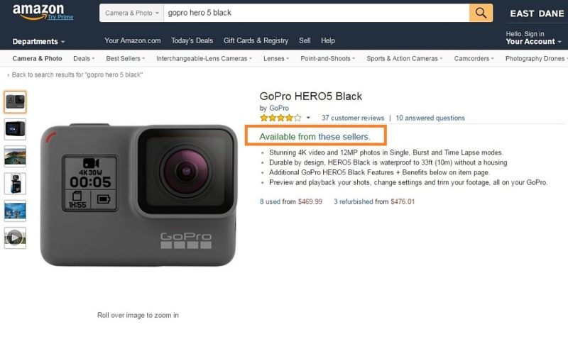 Amazon 網購平台上 GoPro 官方網店沒有顯示 HERO 5 Black 運動相機現貨數量，反而顯示「Available from these sellers」信息，代表著平台上其他網店仍有現貨，但有關網店的出售全屬二手貨或翻新貨。