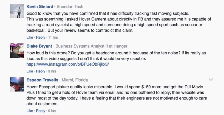 有 Facebook 用戶留言稱，寧願加些許錢買 DJI Mavic Pro，也不要 Hover Camera Passport。