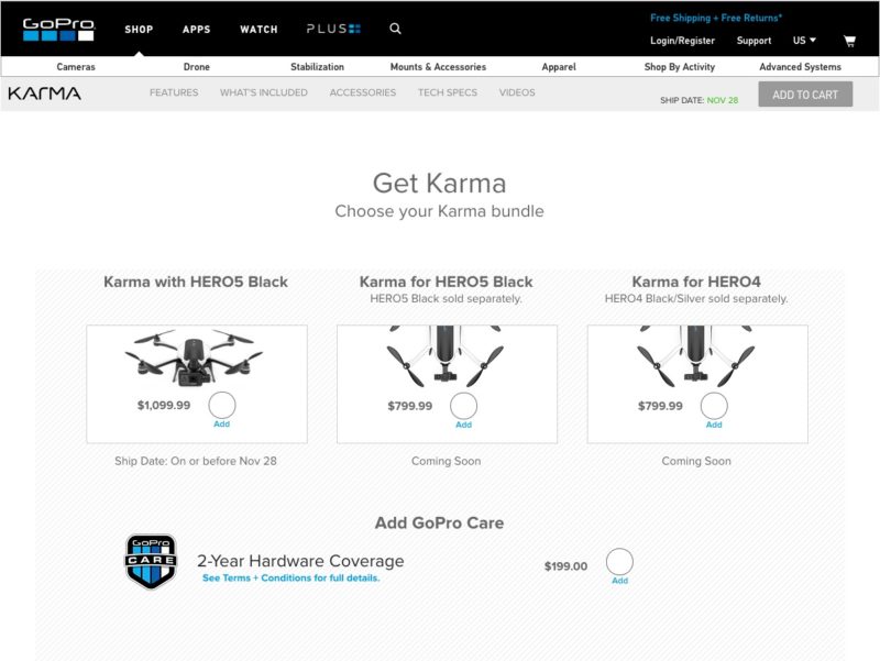 GoPro Karma 選購頁面內，右上方列出付運日期為 11 月 28 日。