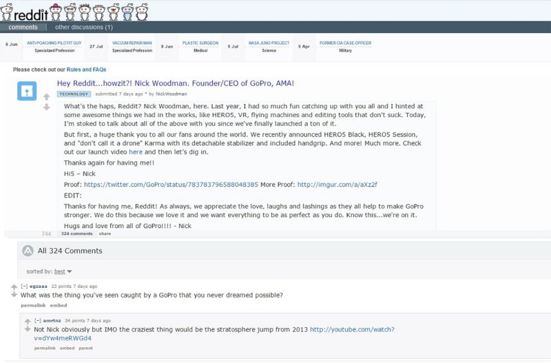 GoPro 執行長 Nick Woodman 在 Reddit 上親自發帖，表明接受網民就 GoPro Karma 無人機作出提問，網民反應一般。