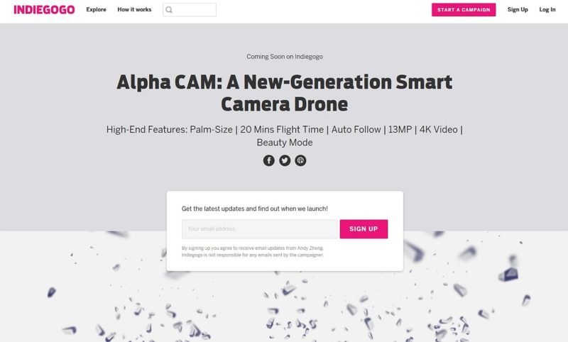 Alpha Cam 的群募項目在 Indiegogo 平台上在 DronesPlayer 截稿前仍處於待審批狀態。