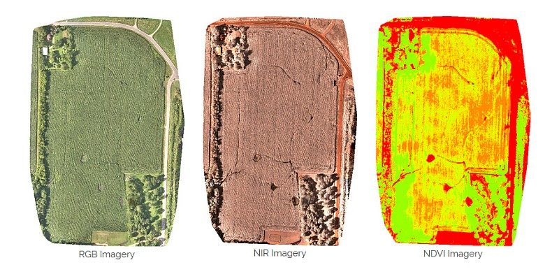 Sentera Omni 無人機能夠同時記錄高解析度 RGB 彩色影像、 NIR 近紅外線影像、以及 NDVI 歸一化植被指數影像，適用於精準農業和地形測量。