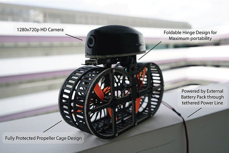 TONBO 無人機雖然可加裝720p航拍鏡頭，但礙於拖著纜線關係，飛行距離實在太短，只適合進行自拍。