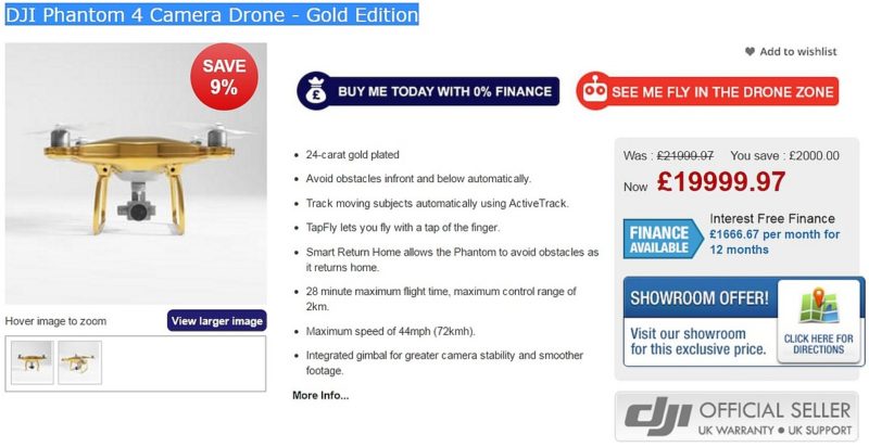 或許這台黃金版 DJI Phantom 4 的定價實在太高了，所以 Drones Direct 網店標榜價格已由 21,999 英鎊減至 19,999 英鎊，未知能否因此而刺激買氣呢？