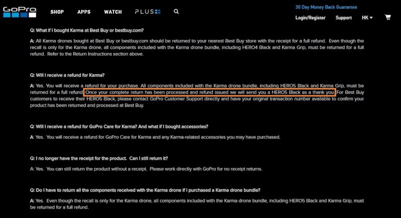 GoPro Karma 召回計劃資訊頁面內已新增送贈 HERO 5 Black 運動相機的相關說明。