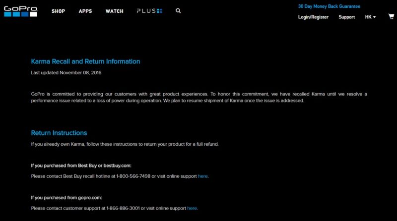 GoPro 宣布緊急回收 Karma 無人機，並開設專頁講解 Karma 回收詳情。