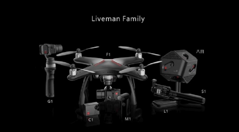 樂視一口氣發布了 7 款 Liveman 系列產品，包括：（由左至右）G1 手持雲台、C1 運動相機、F1 無人機、M1 直播相機、L1 直播設備、S1 多功能自拍桿、《Liveman》直播 app。