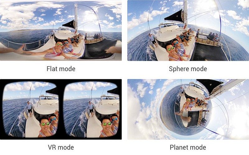 Insta360 Air 應用程式提供 Flat mode、Sphere mode、Planet mode 及 VR mode 四種瀏覽模式，展現出不同的顯示效果。