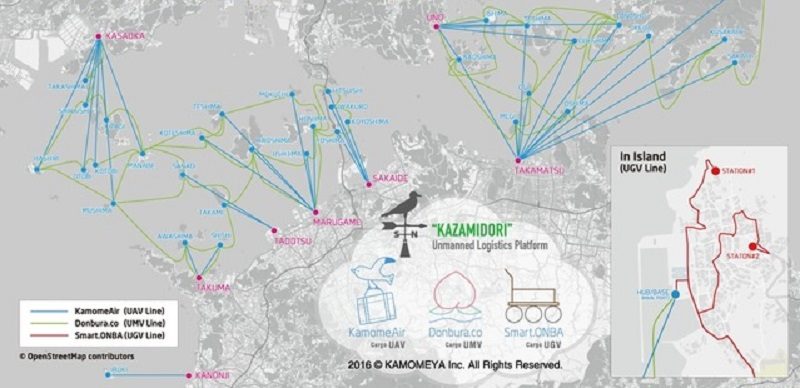 海陸空無人自駕物流方案的輸送網路預想地圖。（圖片來源：Kamomeya Inc.）
