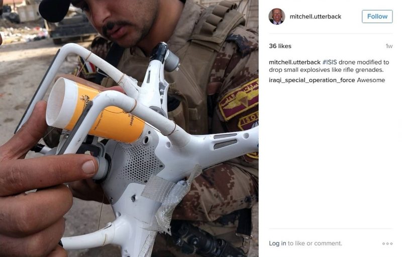 Instagram 用戶 mitchell.utterback 上傳一張疑似是 DJI Phantom 空拍機的圖片，機被加裝一個筒形裝置。