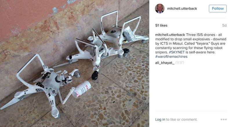 mitchell.utterback 在 Instagram 上傳的另一張圖片，顯示地面上有 3 台疑似被改造的 DJI Phantom 4 航拍機。（圖片來源：翻攝自 mitchell.utterback / Instagram）