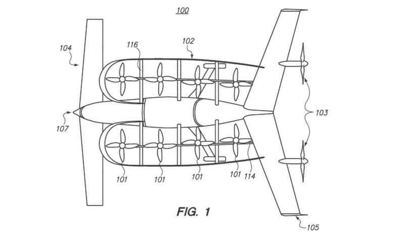 Zee.Aero 載人飛行器專利設計的鳥瞰圖，可見機身上合共有 10 組旋翼。