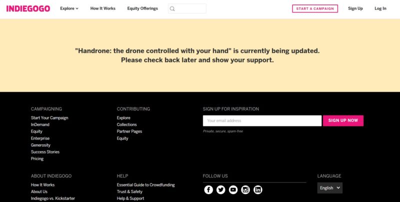 截至 DronesPlayer 截稿前，Handrone 無人機仍未被 Indiegogo 重新上架。